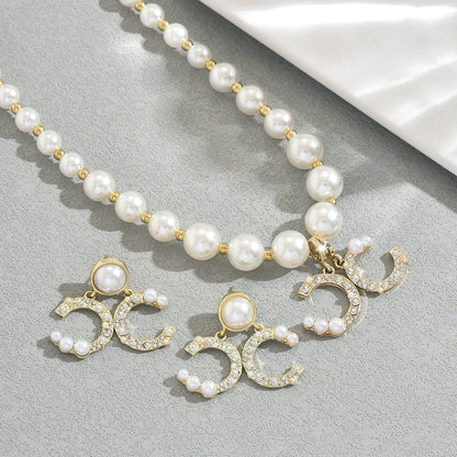 Elegant Women's Jewelry Set – Geometric C-Shape Pendant Necklace with Pearl Chain and Matching Earrings - Image 2