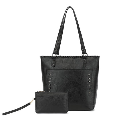Black Minimalist Large Capacity Tote Bag with Detachable Pouch – Soft PU Leather Shoulder Handbag for Everyday Use