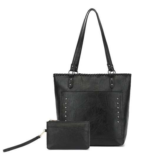 Black Minimalist Large Capacity Tote Bag with Detachable Pouch – Soft PU Leather Shoulder Handbag for Everyday Use