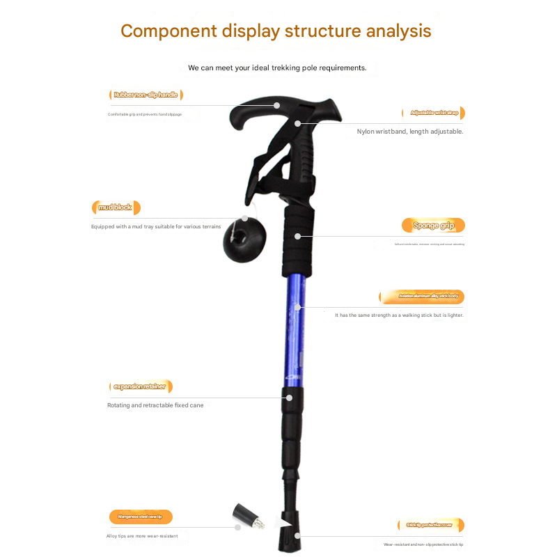 Black Professional Outdoor Trekking Pole – Lightweight Aluminum Alloy Adjustable Walking Stick with Shock Absorption System for Hiking, Climbing, and Kids | 4-Section Collapsible Design with Ergonomic Curved Handle - Image 4