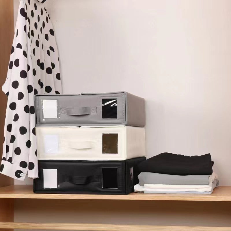 Grey Foldable Oxford Fabric Storage Box with Clear Window – Large Capacity Organizer for Bedding, Clothes & More | Collapsible Design with Handle and Labeling Space - Image 2