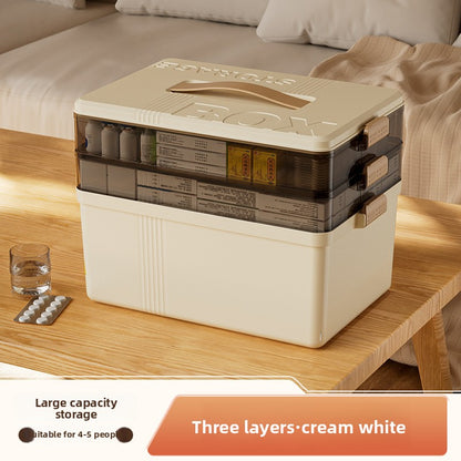 Cream white Large 3 Layer Medicine Storage Box Portable First Aid Kit Organiser with Handle Multi Compartment Container for Family Home Use