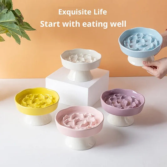 Blue Ceramic Elevated Slow Feeder Bowl Raised Pet Dish 310ml Anti-Vomit Puzzle Design for Cats and Small Dogs Healthy Digestion Sturdy Base - Image 2