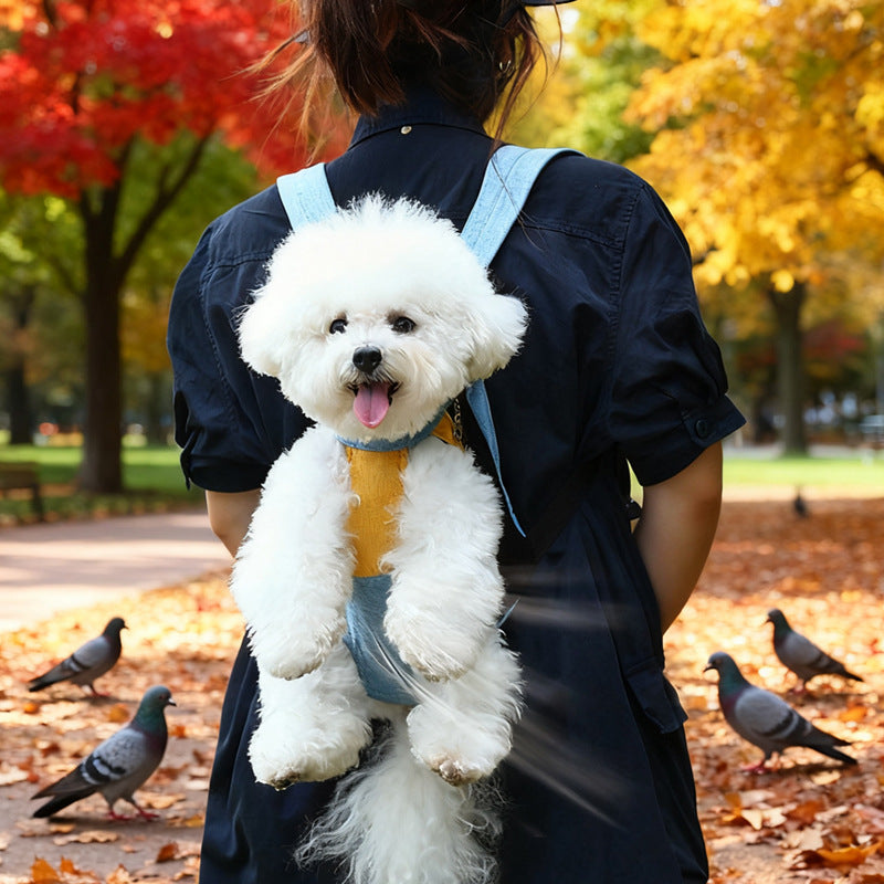 Yellow denim blue Pet Carrier Backpack Front Chest Pack Legs Out Breathable Mesh for Small Dogs Cats Hiking Travel Hands Free Adjustable Design(Size:S) - Image 2