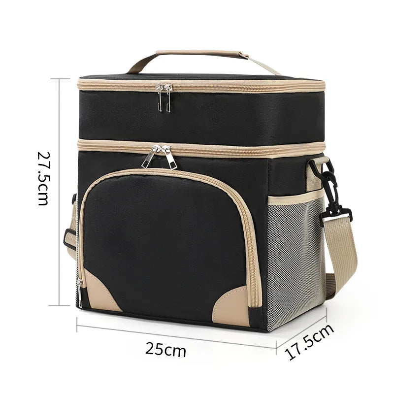 Black Dual Layer Insulated Lunch Bag 12L Large Capacity Cooler Tote with Adjustable Strap Leakproof Thermal Food Carrier for Work Picnic and Camping