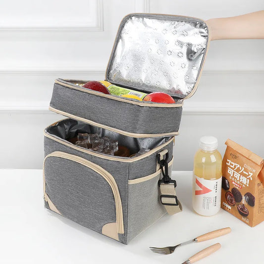Black Dual Layer Insulated Lunch Bag 12L Large Capacity Cooler Tote with Adjustable Strap Leakproof Thermal Food Carrier for Work Picnic and Camping - Image 2