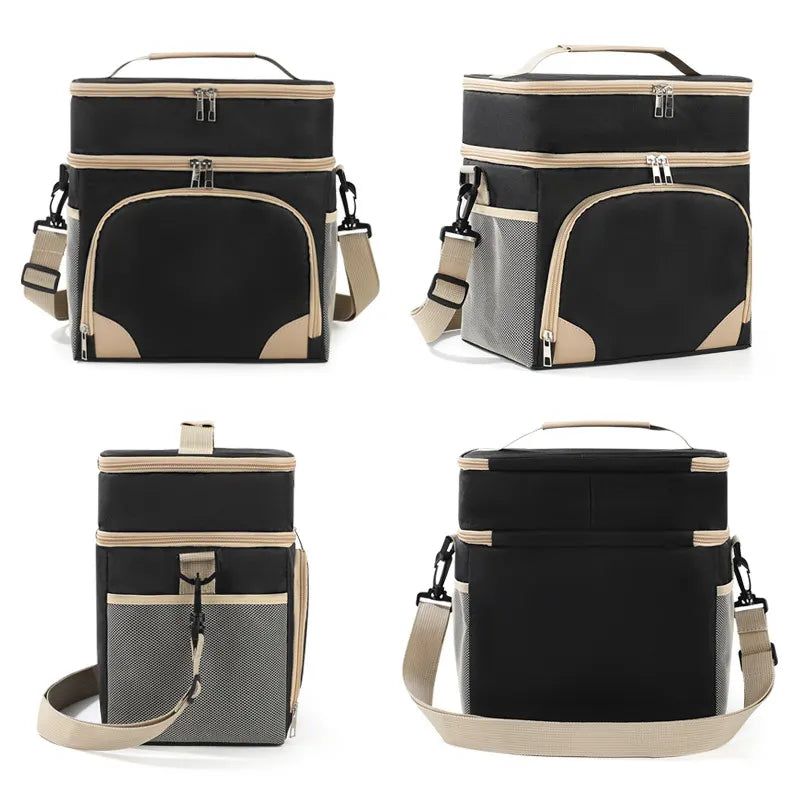 Black Dual Layer Insulated Lunch Bag 12L Large Capacity Cooler Tote with Adjustable Strap Leakproof Thermal Food Carrier for Work Picnic and Camping - Image 4