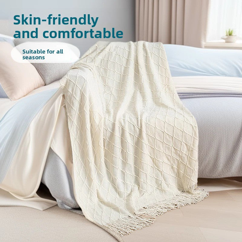 Beige Nordic Knitted Throw Blanket with Tassels 130x230cm Soft Acrylic Diamond Pattern Sofa Cover Bed Runner and Travel Blanket - Image 2