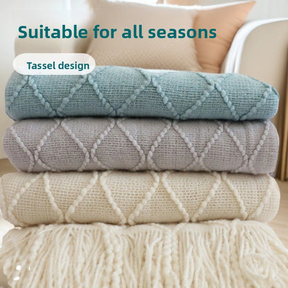 Beige Nordic Knitted Throw Blanket with Tassels 130x230cm Soft Acrylic Diamond Pattern Sofa Cover Bed Runner and Travel Blanket - Image 3