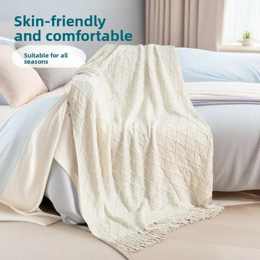 Morandi blue Nordic Knitted Throw Blanket with Tassels 130x230cm Soft Acrylic Diamond Pattern Sofa Cover Bed Runner and Travel Blanket - Image 2