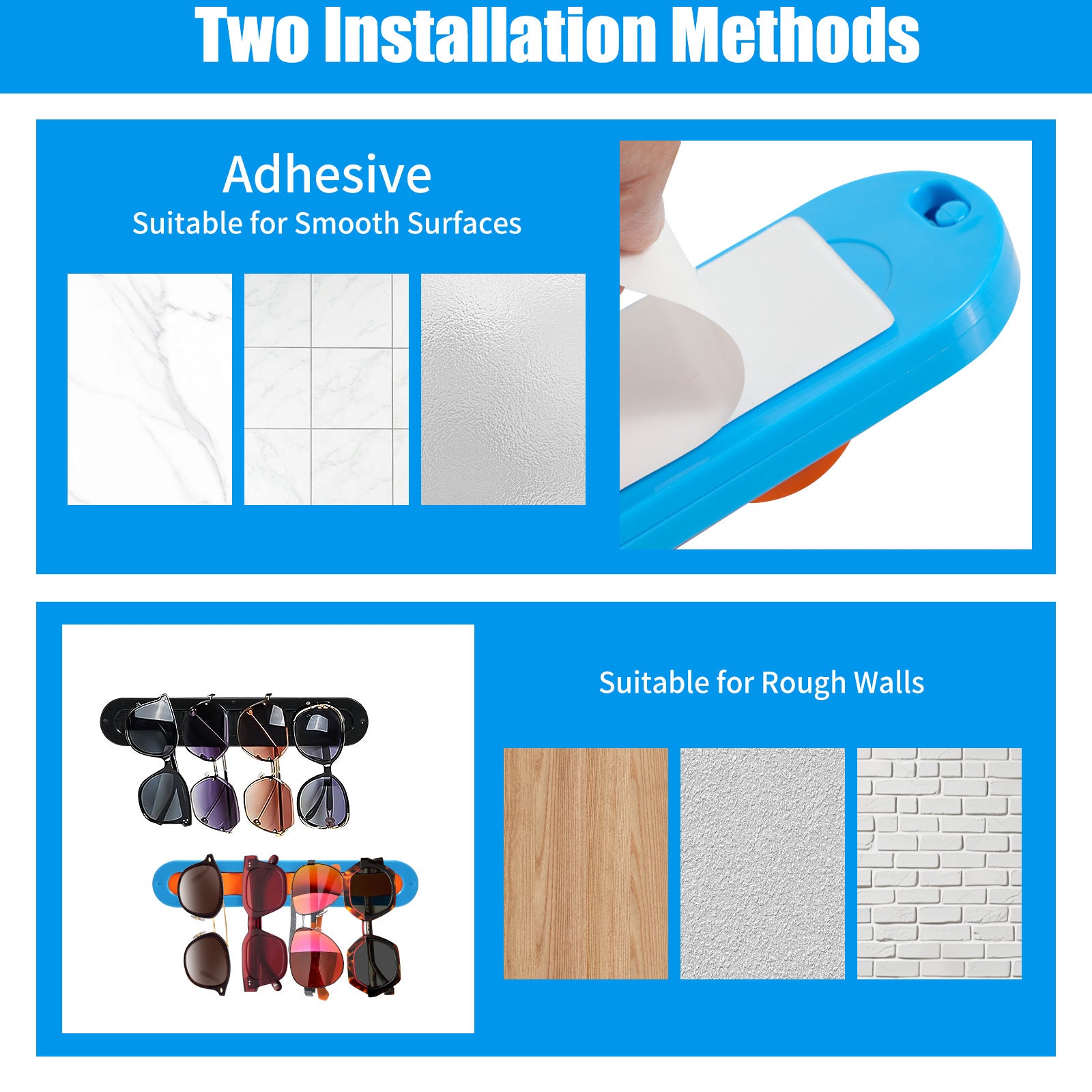 2 Pack Blue Acrylic Sunglasses Holder Wall Mounted Glasses Organizer Rack Self-Adhesive Eyewear Display Stand for Home Office and Entryway - Image 4