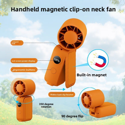 Orange Portable Handheld Fan 350 Degree Rotation Foldable Neck Hanging Waist Fan with Magnetic Base LED Display 5 Speed Personal Fan - Image 5