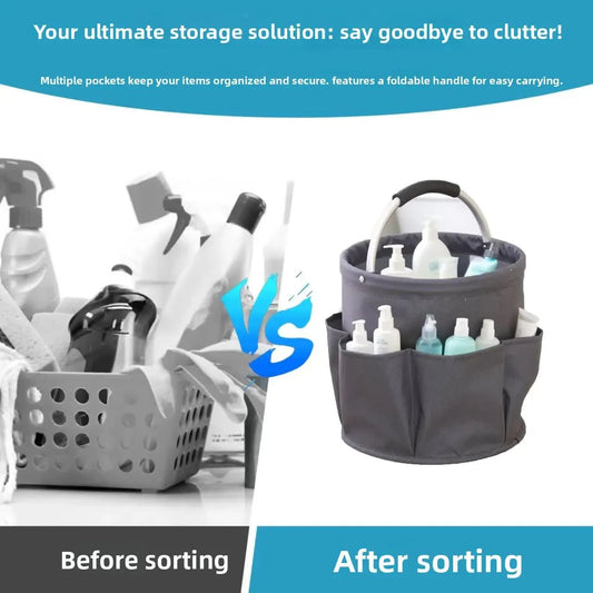 Grey Multi-Function Collapsible Storage Basket with Drawstring Closure Portable Cleaning Caddy and Picnic Organiser Bag with Multiple Pockets - Image 2