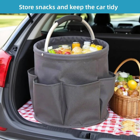 Apricot color Multi-Function Collapsible Storage Basket with Drawstring Closure Portable Cleaning Caddy and Picnic Organiser Bag with Multiple Pockets - Image 3
