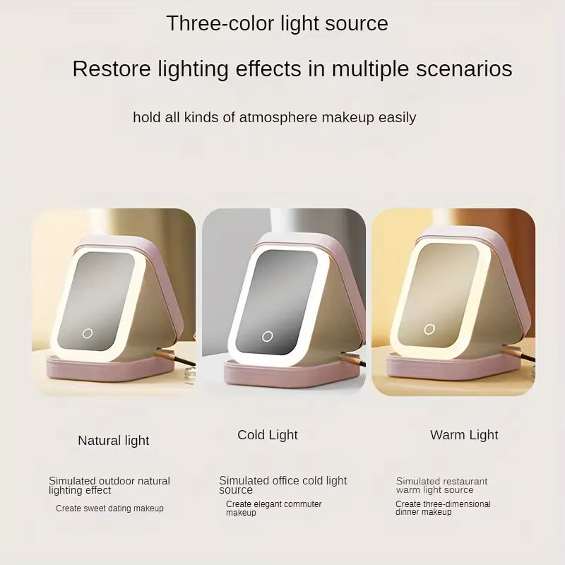 Green Portable LED Makeup Mirror with Jewellery Storage Box Touch Screen Adjustable Light Travel Cosmetic Organizer Case - Image 2