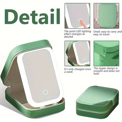 Green Portable LED Makeup Mirror with Jewellery Storage Box Touch Screen Adjustable Light Travel Cosmetic Organizer Case - Image 4