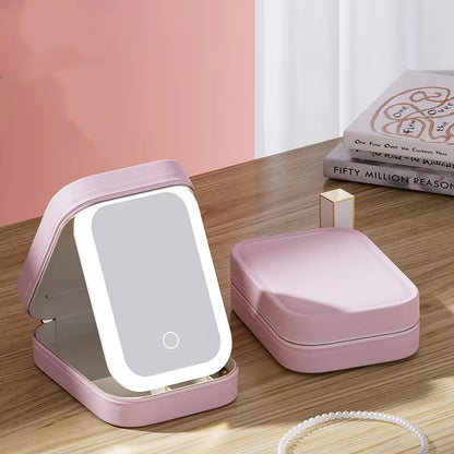 Pink Portable LED Makeup Mirror with Jewellery Storage Box Touch Screen Adjustable Light Travel Cosmetic Organizer Case
