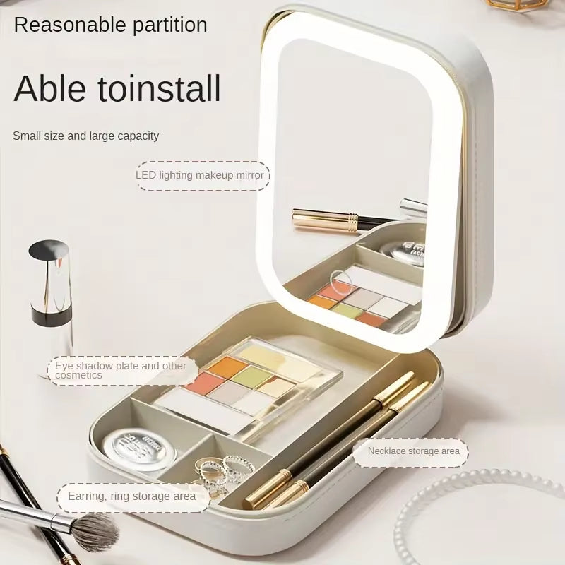 Pink Portable LED Makeup Mirror with Jewellery Storage Box Touch Screen Adjustable Light Travel Cosmetic Organizer Case - Image 3