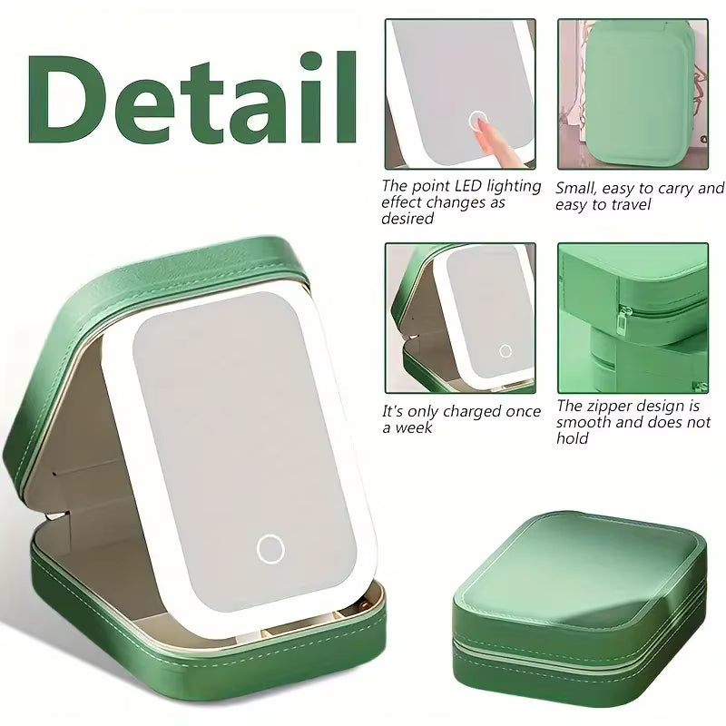 Pink Portable LED Makeup Mirror with Jewellery Storage Box Touch Screen Adjustable Light Travel Cosmetic Organizer Case - Image 4