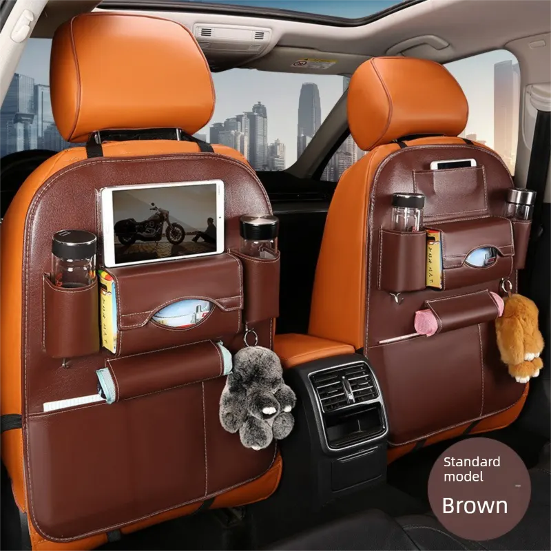 2-PCS Brown PU Leather Car Back Seat Organizer Kick Mat with Touch Screen Tablet Holder Multi-Pocket Travel Storage Bag