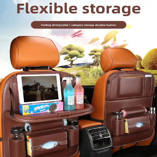 2-PCS Orange PU Leather Car Back Seat Organizer Kick Mat with Touch Screen Tablet Holder Multi-Pocket Travel Storage Bag - Image 2