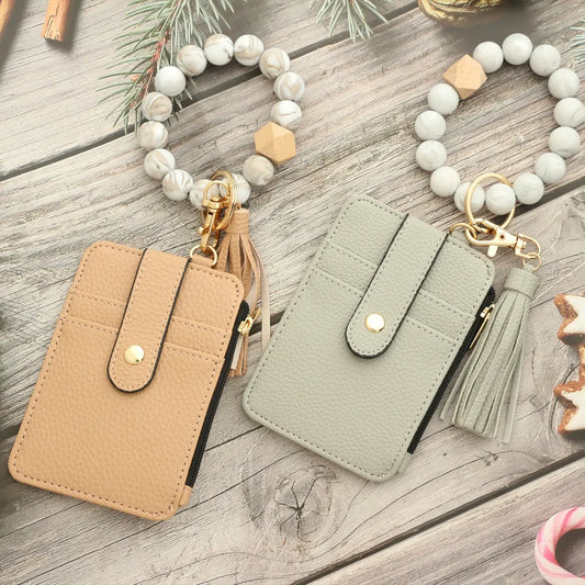 2-PCS Mint green Silicone Bead Keychain Bracelet Wallet PU Leather ID Card Holder with Tassel Wristlet Bangle for Women - Image 2