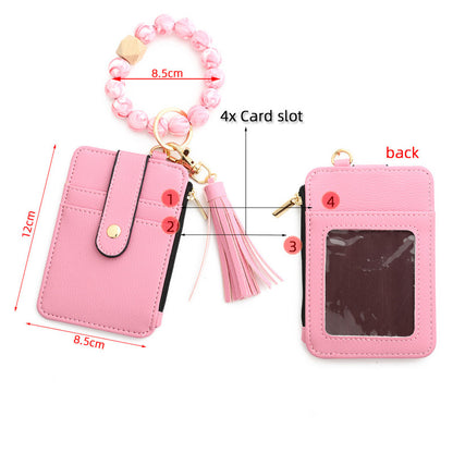 2-PCS Khaki Silicone Bead Keychain Bracelet Wallet PU Leather ID Card Holder with Tassel Wristlet Bangle for Women - Image 5