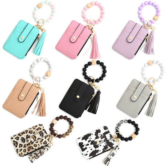 2-PCS Grey Silicone Bead Keychain Bracelet Wallet PU Leather ID Card Holder with Tassel Wristlet Bangle for Women - Image 4