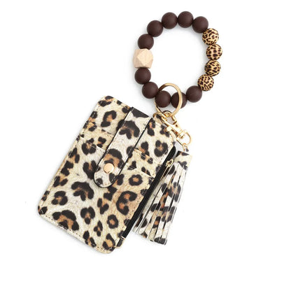 2-PCS Yellow leopard print Silicone Bead Keychain Bracelet Wallet PU Leather ID Card Holder with Tassel Wristlet Bangle for Women