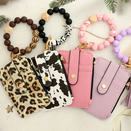 2-PCS Yellow leopard print Silicone Bead Keychain Bracelet Wallet PU Leather ID Card Holder with Tassel Wristlet Bangle for Women - Image 3