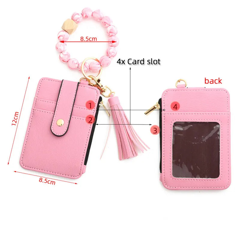 2-PCS Big Cow Silicone Bead Keychain Bracelet Wallet PU Leather ID Card Holder with Tassel Wristlet Bangle for Women - Image 5