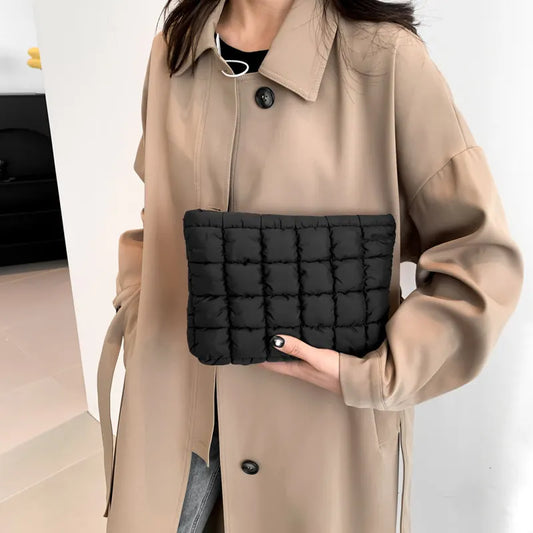 Black Puffer Makeup Bag Quilted Pouch Cosmetic Organizer Bag Soft Nylon Travel Toiletry Bag Zipper Handbag for Women