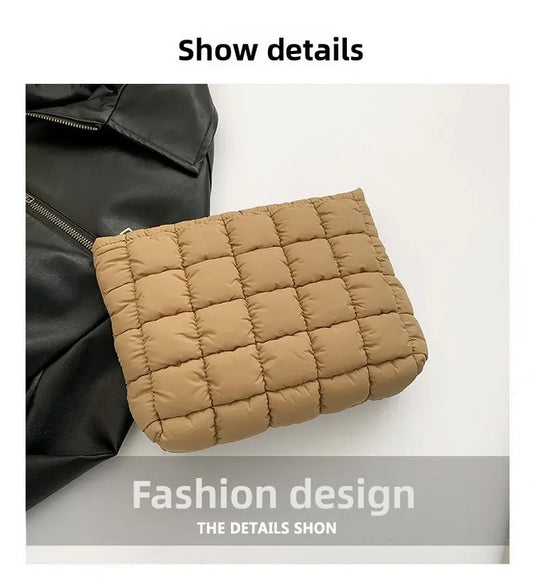 Rose red Puffer Makeup Bag Quilted Pouch Cosmetic Organizer Bag Soft Nylon Travel Toiletry Bag Zipper Handbag for Women - Image 2