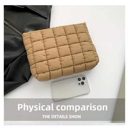 Blue Puffer Makeup Bag Quilted Pouch Cosmetic Organizer Bag Soft Nylon Travel Toiletry Bag Zipper Handbag for Women - Image 4