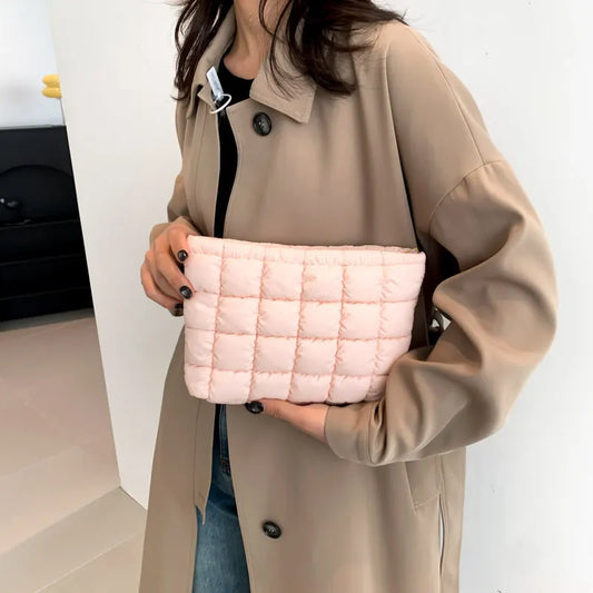 Pink Puffer Makeup Bag Quilted Pouch Cosmetic Organizer Bag Soft Nylon Travel Toiletry Bag Zipper Handbag for Women
