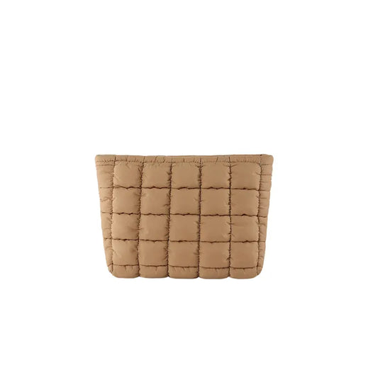 Brown Puffer Makeup Bag Quilted Pouch Cosmetic Organizer Bag Soft Nylon Travel Toiletry Bag Zipper Handbag for Women
