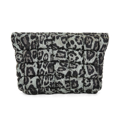 Green leopard print Puffer Makeup Bag Quilted Pouch Cosmetic Organizer Bag Soft Nylon Travel Toiletry Bag Zipper Handbag for Women