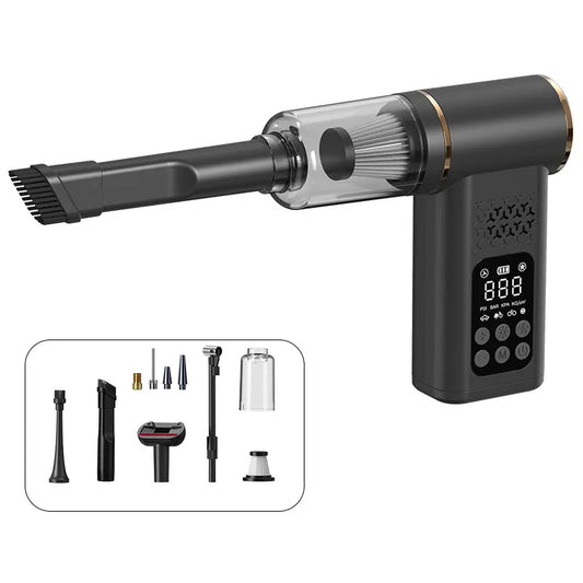 Black 4-in-1 Car Vacuum Cleaner and Tyre Inflator Portable Cordless Air Pump with LED Light and Digital Pressure Gauge