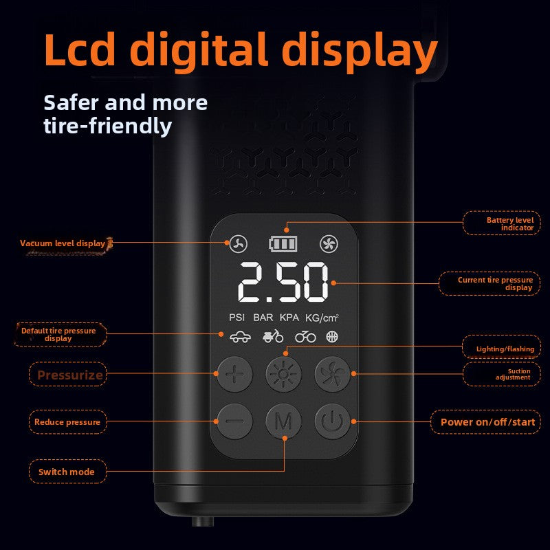 Black 4-in-1 Car Vacuum Cleaner and Tyre Inflator Portable Cordless Air Pump with LED Light and Digital Pressure Gauge - Image 5