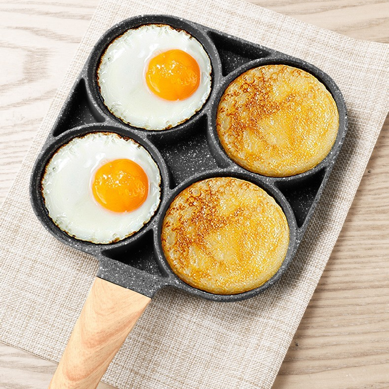 4-Hole Non-Stick Fried Egg Pan with Glass Lid Maifan Stone Coating Breakfast Pancake Maker for Burgers and Omelettes(Black cap bead) - Image 3