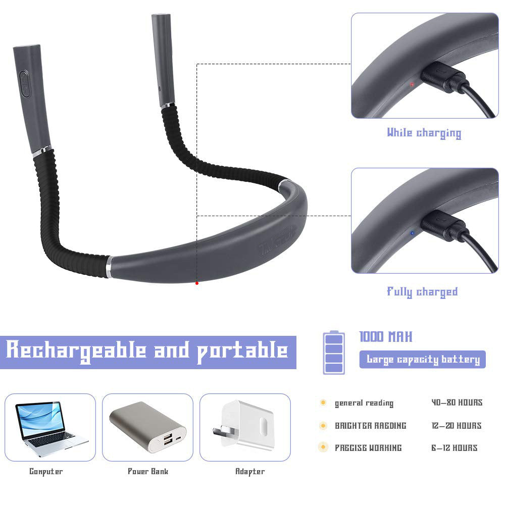 Blue Hands-Free USB Rechargeable Neck Reading Light 3 Colour Modes Flexible LED Book Lamp for Night Reading Knitting Repairing - Image 3