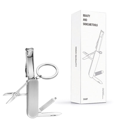 2-PCS Original steel colour 5-in-1 Foldable Stainless Steel Nail Clipper Multitool Keychain with Knife Scissors and File Portable Pocket Manicure Set