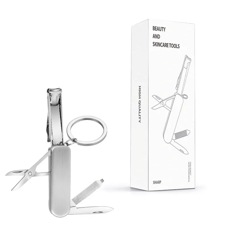 2-PCS Original steel colour 5-in-1 Foldable Stainless Steel Nail Clipper Multitool Keychain with Knife Scissors and File Portable Pocket Manicure Set