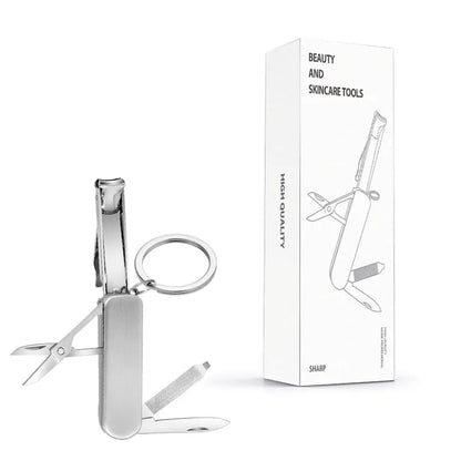 2-PCS Original steel colour 5-in-1 Foldable Stainless Steel Nail Clipper Multitool Keychain with Knife Scissors and File Portable Pocket Manicure Set
