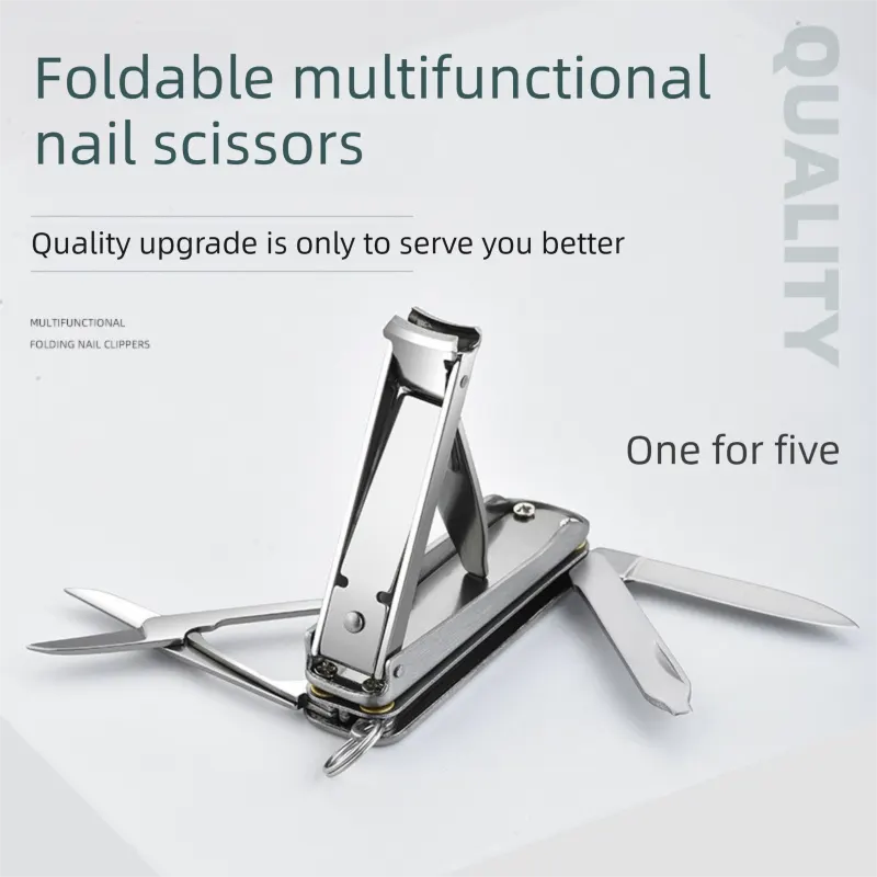 2-PCS Original steel colour 5-in-1 Foldable Stainless Steel Nail Clipper Multitool Keychain with Knife Scissors and File Portable Pocket Manicure Set - Image 2