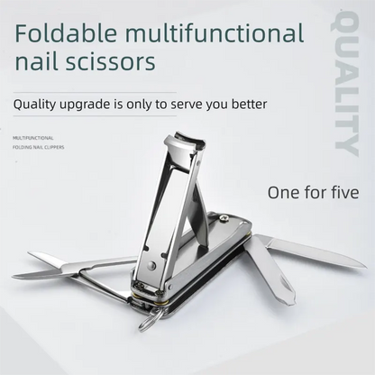 2-PCS Original steel colour 5-in-1 Foldable Stainless Steel Nail Clipper Multitool Keychain with Knife Scissors and File Portable Pocket Manicure Set - Image 2