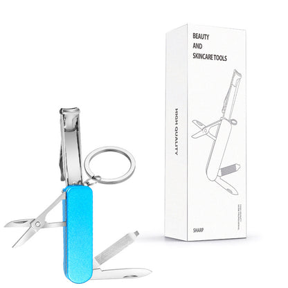 2-PCS Blue 5-in-1 Foldable Stainless Steel Nail Clipper Multitool Keychain with Knife Scissors and File Portable Pocket Manicure Set