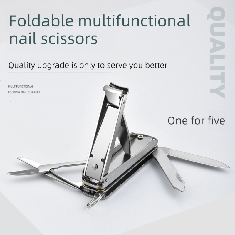 2-PCS Blue 5-in-1 Foldable Stainless Steel Nail Clipper Multitool Keychain with Knife Scissors and File Portable Pocket Manicure Set - Image 2