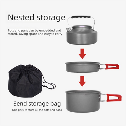 Portable Camping Cookware Set for 3-5 People Aluminum Kettle Pot Frying Pan Mess Kit with Folding Handles for Hiking and Outdoor Use - Image 2