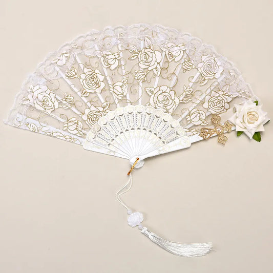 2 Pack White lace, white roses Vintage Lace Folding Fans Gothic Palace Style with Rose Cross Tassels for Tea Party Cosplay and Photo Props